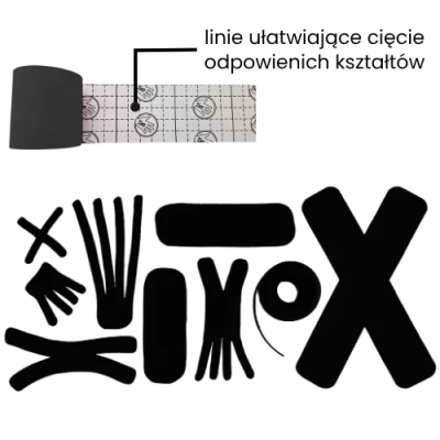 Linie ułatwiające cięcie na papierze podkładowym tejpów 5e speed w kolorze czarnym